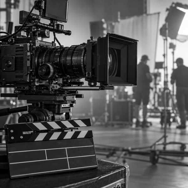 Cinema camera and clapperboard on a film set