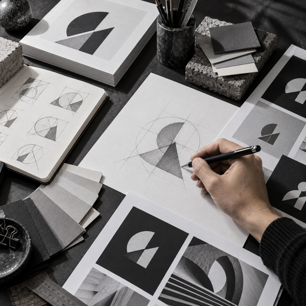 Graphic design sketches and identity paper samples