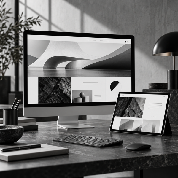 Web design studio with desktop and tablet